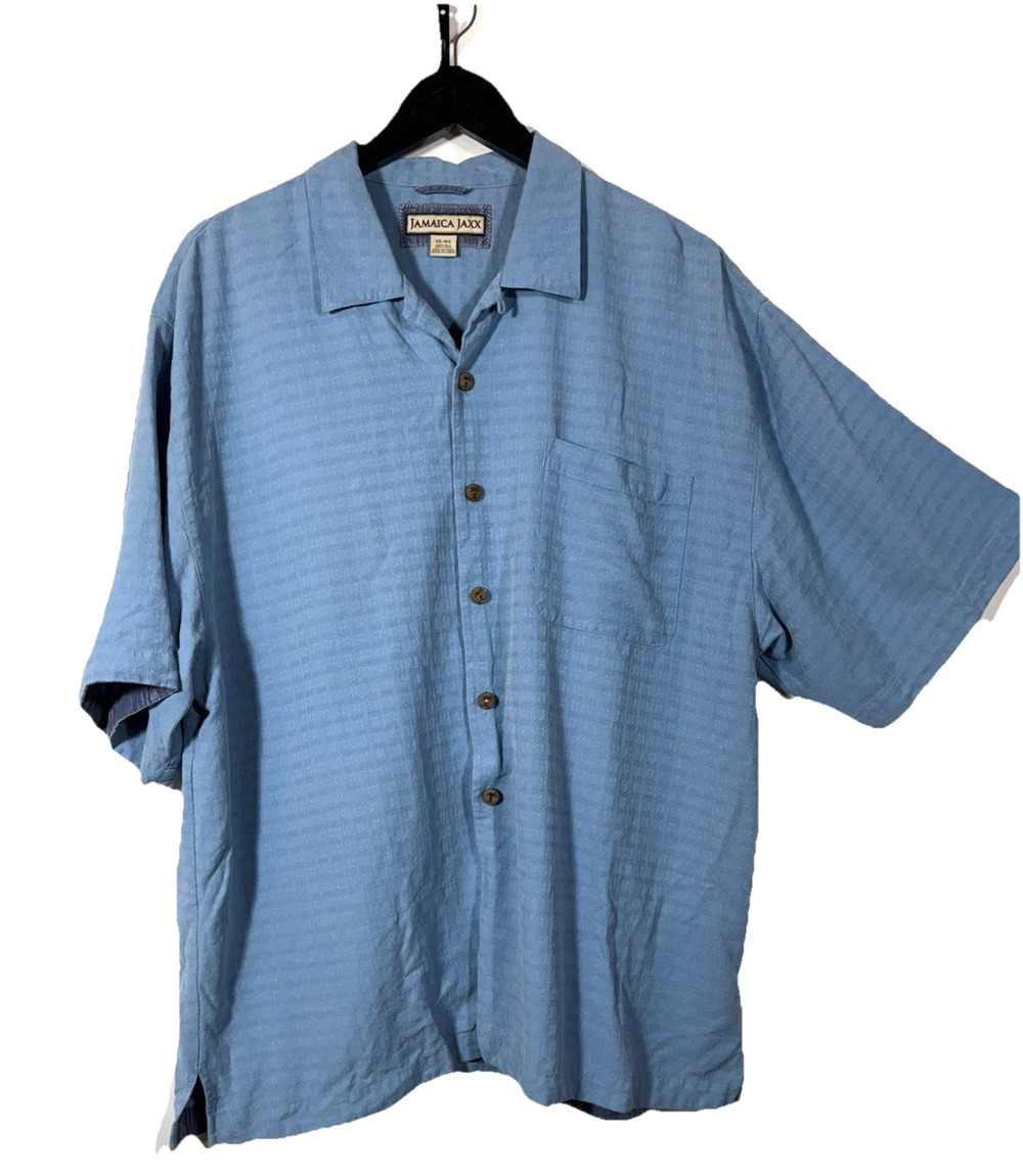 Shirt Silk Powder Blue Button Down Jamaica Jaxx Men XL Check Pattern Camp Tiki
